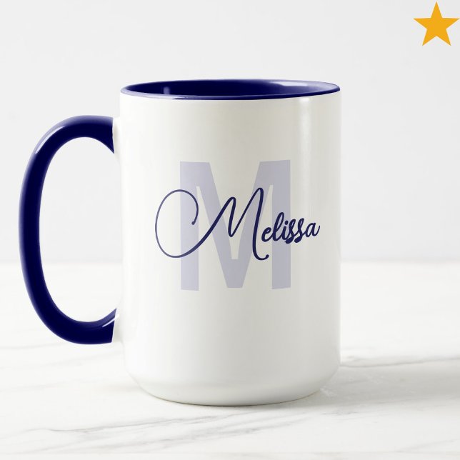Taza Modern Blue White Custom Name Cursive Monogram (Subido por el creador)