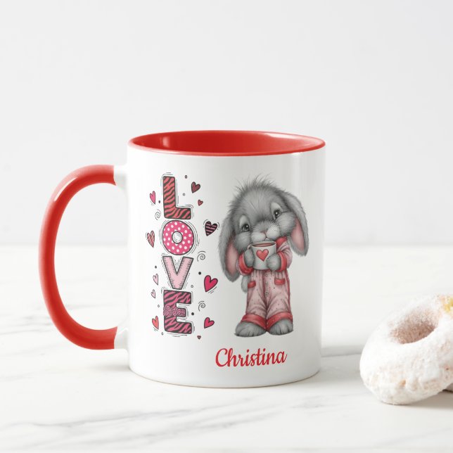 Taza Modern Cute Love Bunny Valentines Day Name  (Con donut)