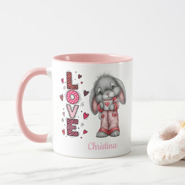 Taza Modern Cute Love Bunny Valentines Day Name  (Con donut)
