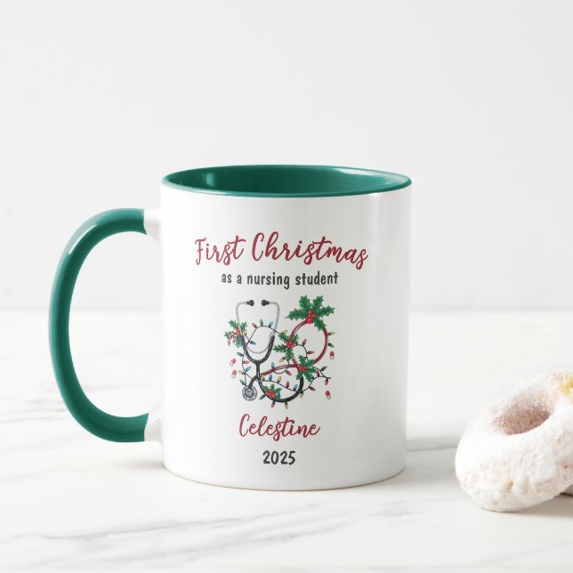 Taza Modern First Christmas as a Nursing Student Custom (Con donut)
