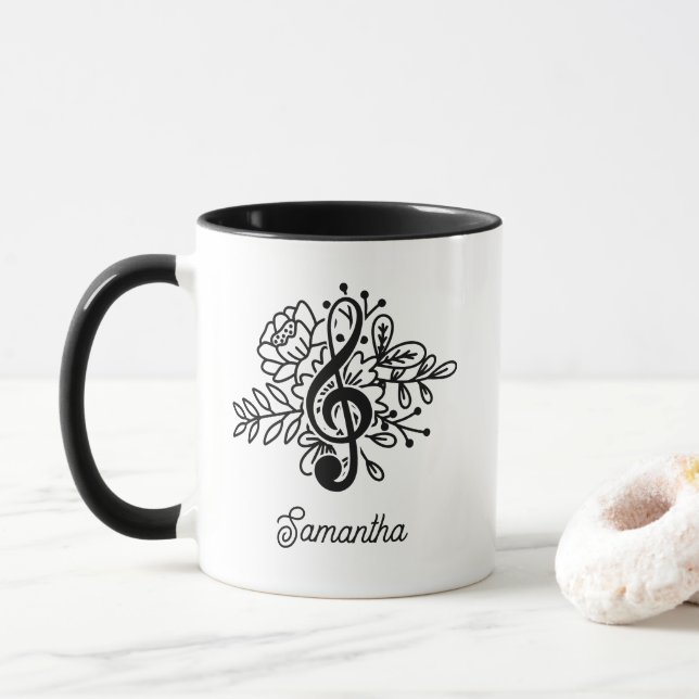Taza Modern Floral Treble Clef Black White Music Avers (Con donut)