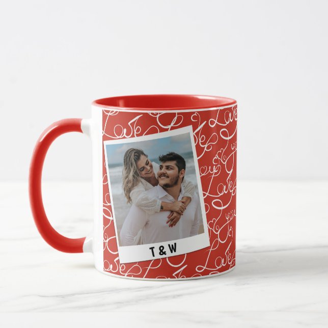 Taza Modern Love Script Couple Photo Custom Initial  (Izquierda)
