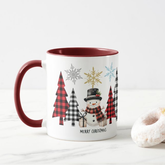 Taza Modern "Merry Christmas" Trees and Snowman (Con donut)