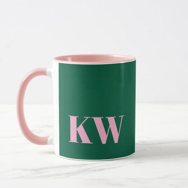 Taza Modern Pink Green Monogram Initials Personalized (Izquierda)