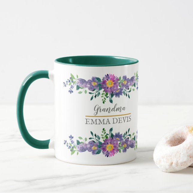 Taza Moderna acuarela escritura floral elegante abuela  (Con donut)
