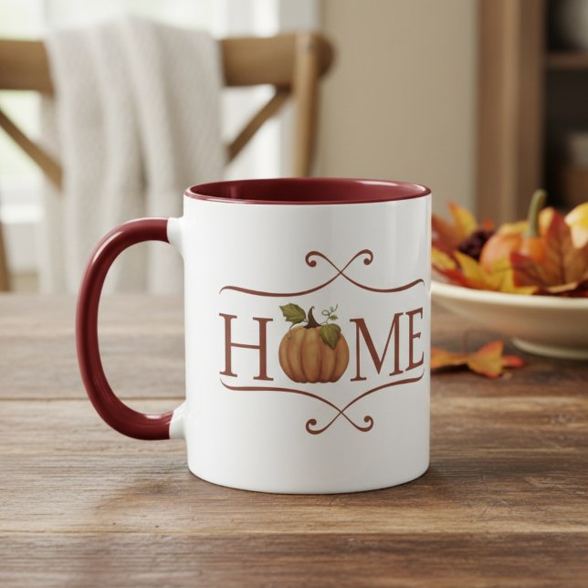 Taza Moderna casa de campo "hogar" Acogedor otoño (HOME rustic coffee mug with a pumpkin for the O in HOME.)