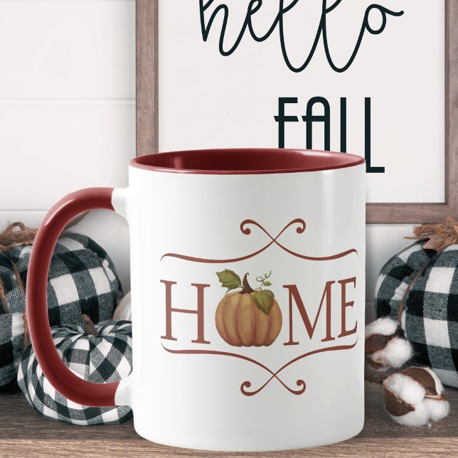 Taza Moderna casa de campo "hogar" Acogedor otoño (HOME rustic coffee mug with a pumpkin for the O in HOME.)