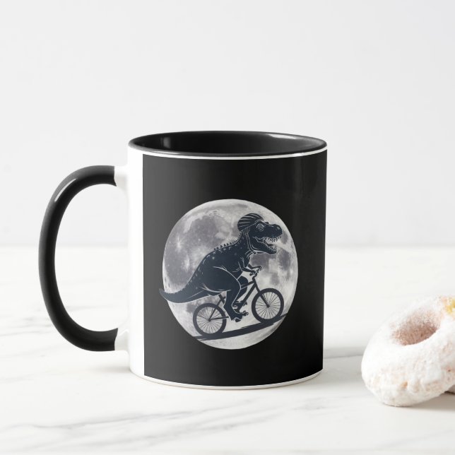 Taza Moderna Dinosaurio T-Rex en bicicleta en cielo con (Con donut)