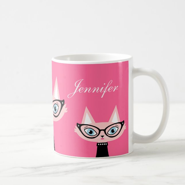 Taza moderna retra elegante del gato - rosa (Derecha)