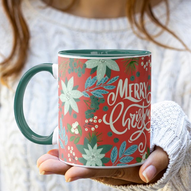 Taza Moderna y audaz floral Feliz Navidad (Modern Bold Floral Merry Christmas Mug)