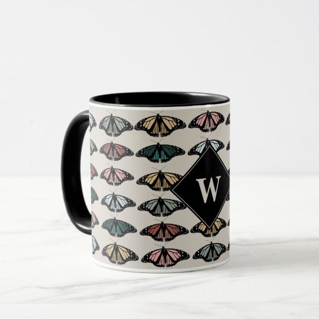 Taza Modernas mariposas neutras Monograma patrón jardín (Anverso izquierdo)