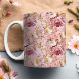 Taza Moderno color de agua rosa y dorado vintage floral