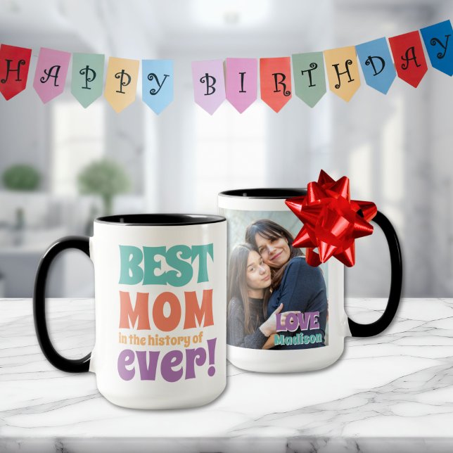 Taza Moderno, mejor foto de mamá, niños nombran regalo  (best mom ever mug with photo and kids signature with fun colorful modern typography for Mother's Day)