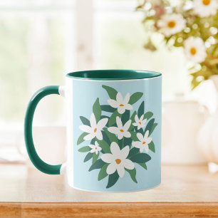 Taza Moderno Minimalista Flor de Jazmín Blanca sobre Az