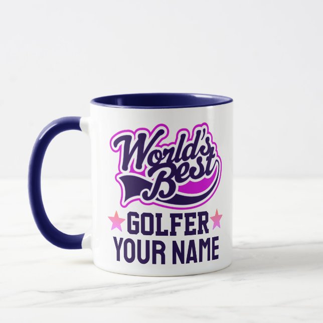 Taza Moderno Nombre de Golfer Personalizado Texto azul (Izquierda)
