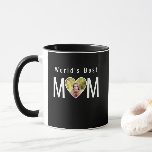 Taza Mom Photo in Black Heart Frame Modern Calligraphy (Con donut)