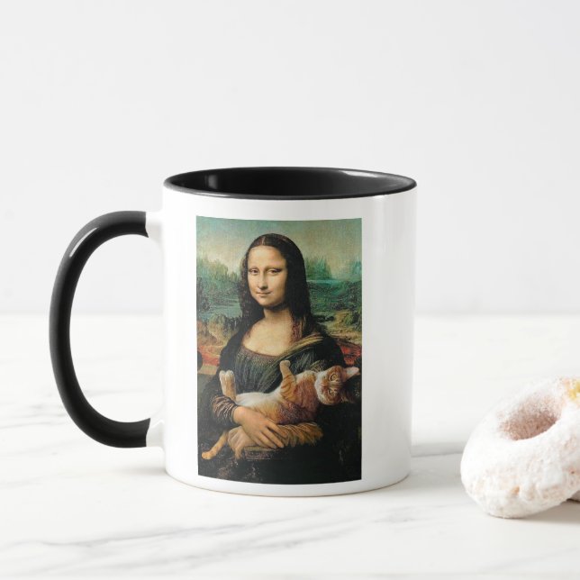 Taza Mona Lisa sosteniendo a su gato (Con donut)