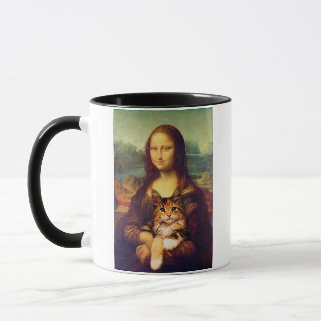 Taza Mona Lisa sosteniendo a su gato mascota Leonardo d (Izquierda)