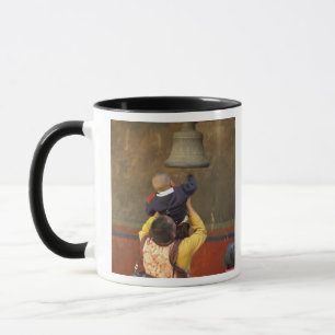 Taza monje budista tibetano levantando a un niño para t