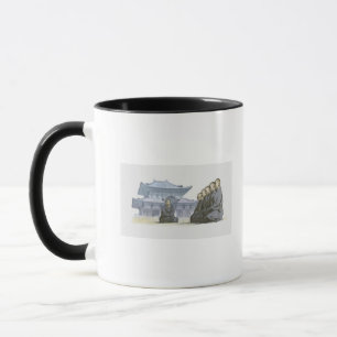 Taza Monjes budistas de zen que se arrodillan fuera del