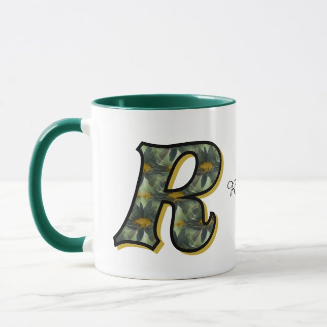 Taza Monogram Initial R Daisy Floral Art Personalized (Izquierda)