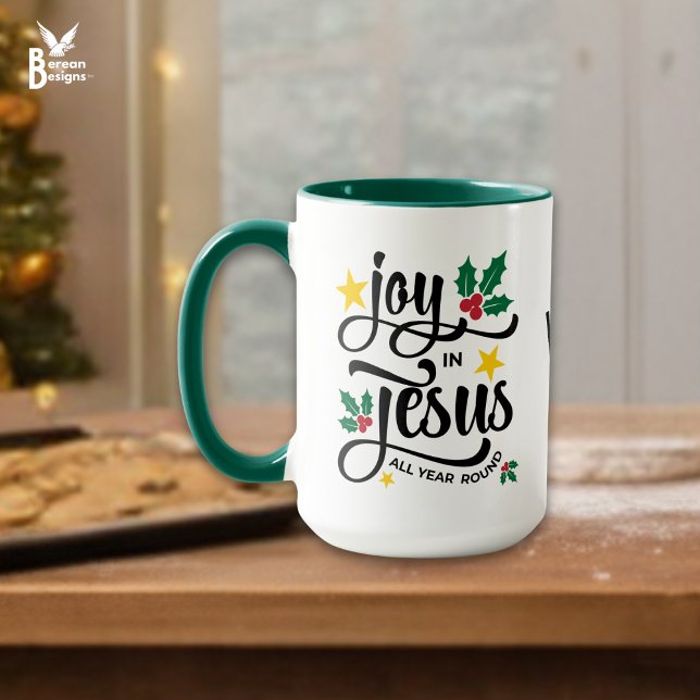 Taza Monogram JOY IN JESUS Christian Christmas  (JOY IN JESUS Christian Christmas mug with customizable monogram. Ideal festive gift for Christians.)