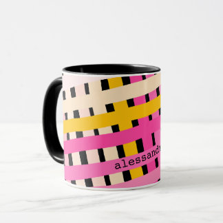 Taza Monogram Modern Pink Yellow Black Plaid Check Cute