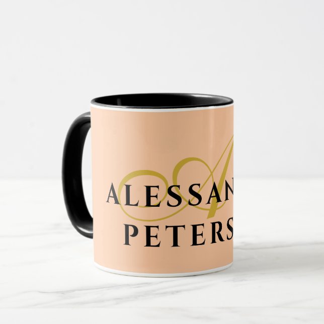 Taza Monogram Peach Gold Black Name Minimalist Stylish  (Anverso izquierdo)