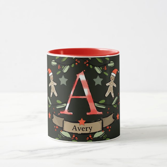 Taza Monograma "A" de Navidades retro curados con nombr (Centro)