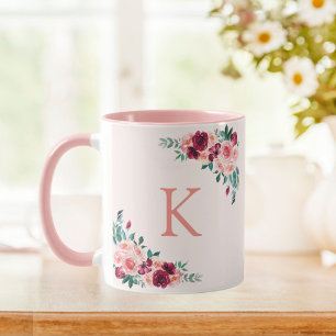 Taza Monograma Acuarela Boho Rosa Flor de Rosa Burgundy