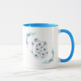 Taza Monograma azul "C" inicial Café con flores de cali