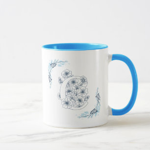 Taza Monograma azul "C" inicial Café con flores de cali