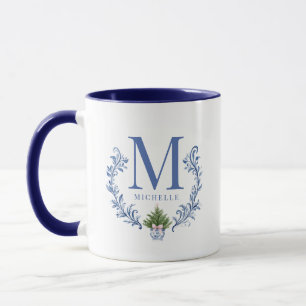 Taza Monograma azul Escudo con árbol de Navidad