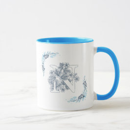 Taza Monograma azul inicial "N" Café con flor suave