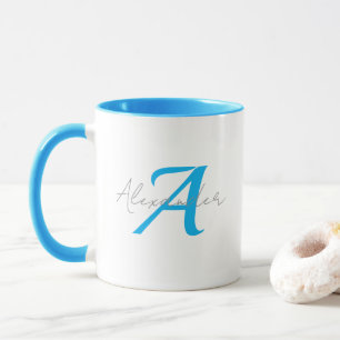 Taza Monograma Azul Moderno y Nombre Personalizado en L