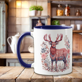 Taza Monograma azul rosado de reno nórdico de invierno