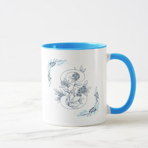 Taza Monograma azul "S" inicial café con floral suave