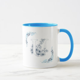 Taza Monograma azul "U" inicial café con flores de cali