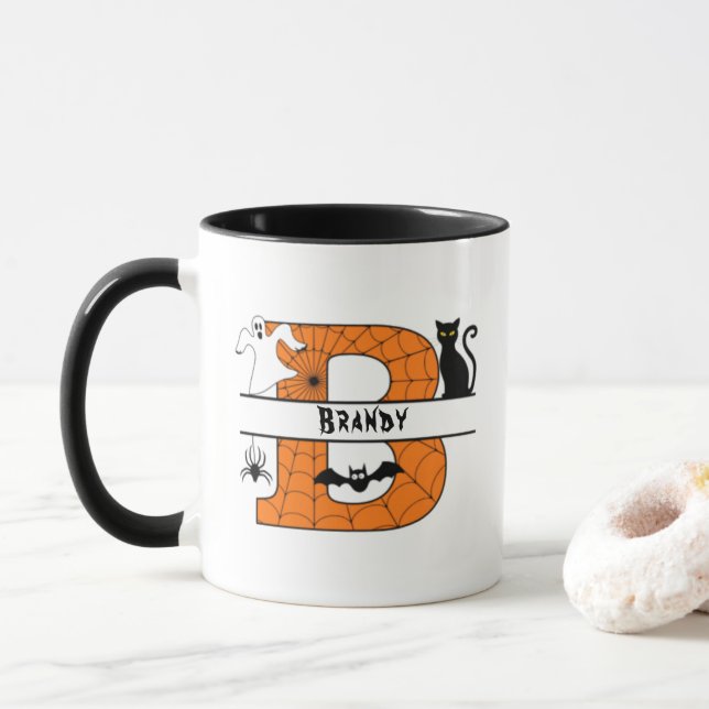 Taza Monograma B de Halloween Añadir su nombre (Con donut)