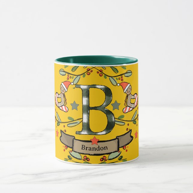 Taza Monograma "B" de Navidades retro curados con nombr (Centro)