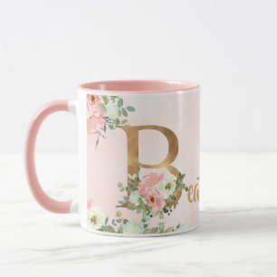 Taza Monograma B rosado floral acuarela con Nombre
