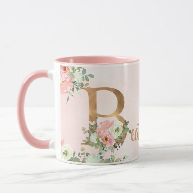 Taza Monograma B rosado floral acuarela con Nombre (Izquierda)
