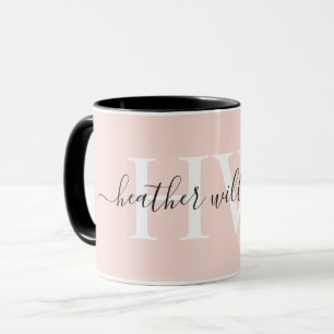 Taza Monograma blanco rosado sólido pastel suave de luz