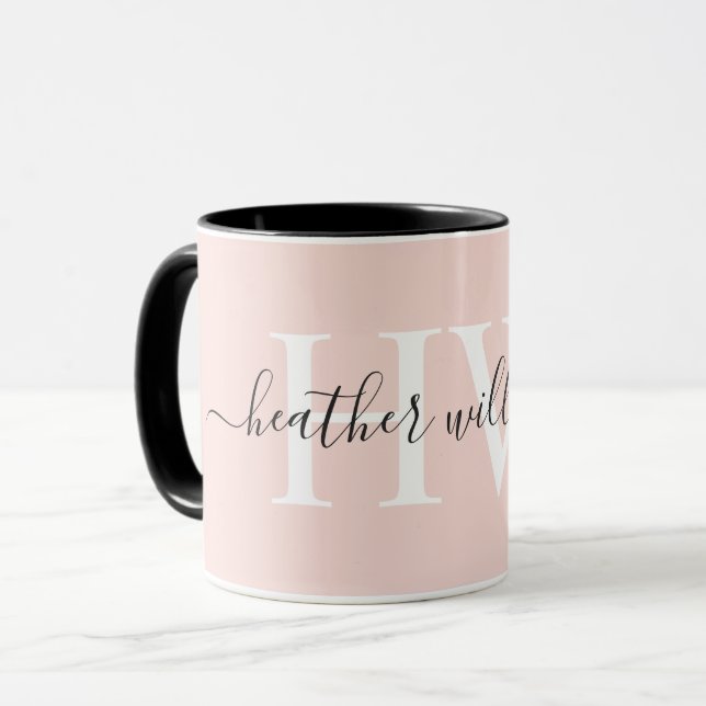 Taza Monograma blanco rosado sólido pastel suave de luz (Anverso izquierdo)