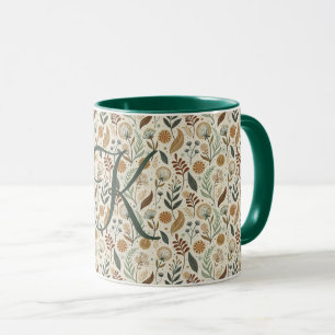 Taza Monograma Boho Hojas Botánico Marrón Verde Beige