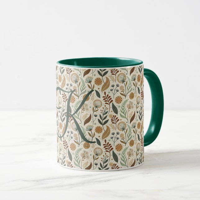 Taza Monograma Boho Hojas Botánico Marrón Verde Beige (Anverso derecho)