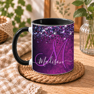 Taza Monograma brillante falso de magenta negro lindo