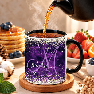 Taza Monograma brillante falso de oro morado oscuro lin