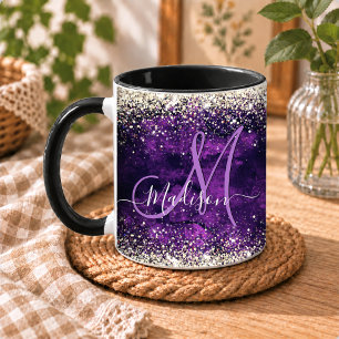 Taza Monograma brillante falso de oro morado oscuro lin