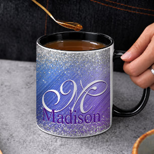 Taza Monograma brillante falso de plata morado cepillad